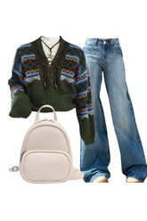 Tenue des années 90 : pull à lacets Forest Fair Isle + jean large délavé clair + petit sac à dos couleur bonbon